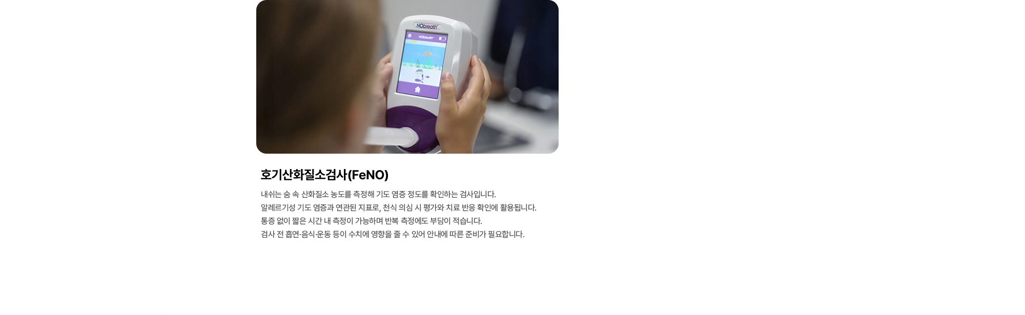 호기산화질소검사(FeNO) 내쉬는 숨 속 산화질소 농도를 측정해 기도 염증 정도를 확인하는 검사입니다.