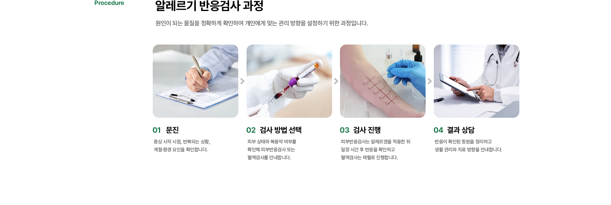 알레르기 반응검사 과정 | 문진, 검사 방법 선택, 검사 진행, 결과 상담