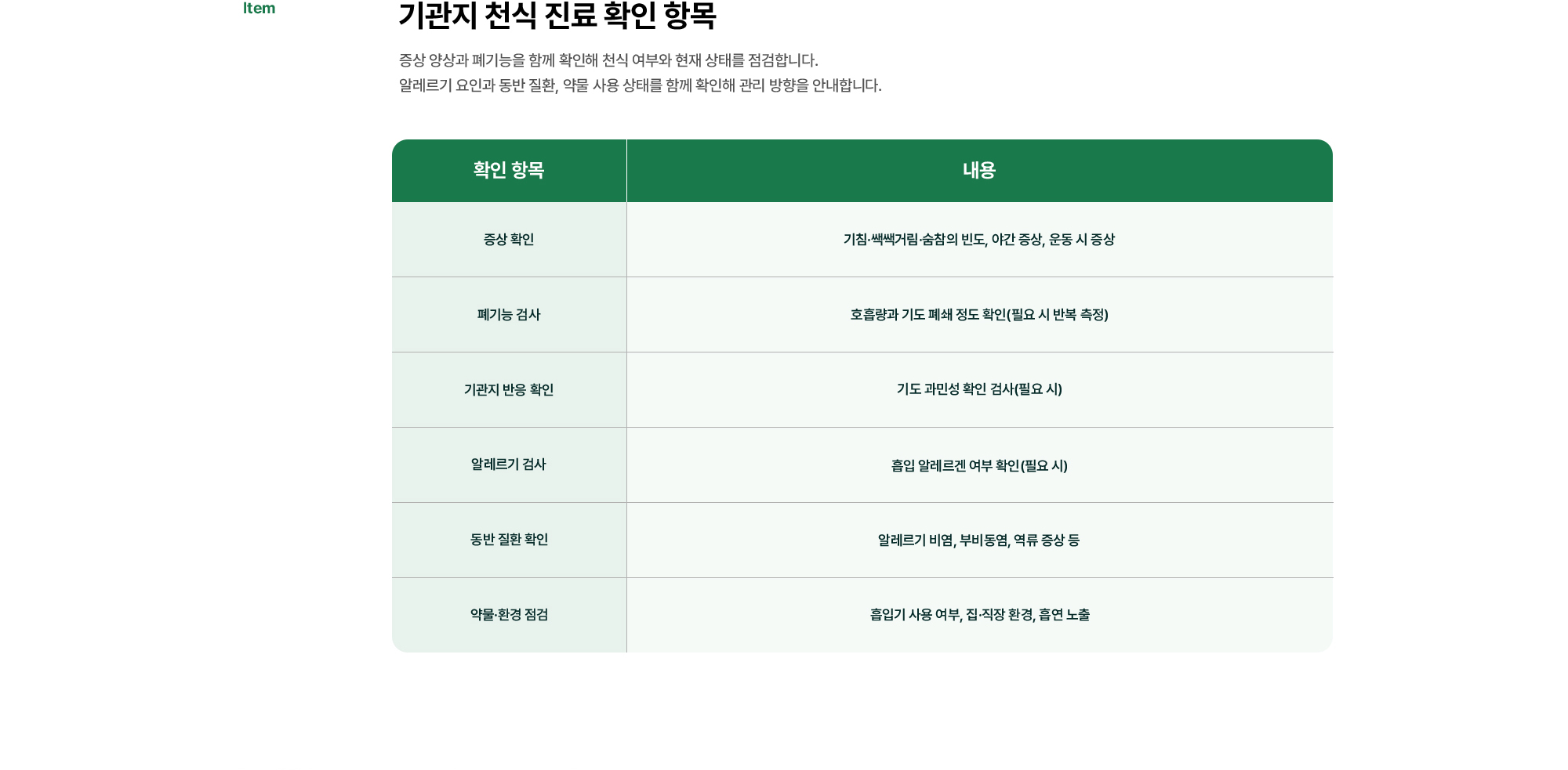 기관지 천식 진료 확인 항목 | 증상 양상과 폐기능을 함께 확인해 천식 여부와 현재 상태를 점검합니다. 알레르기 요인과 동반 질환, 약물 사용 상태를 함께 확인해 관리 방향을 안내합니다.